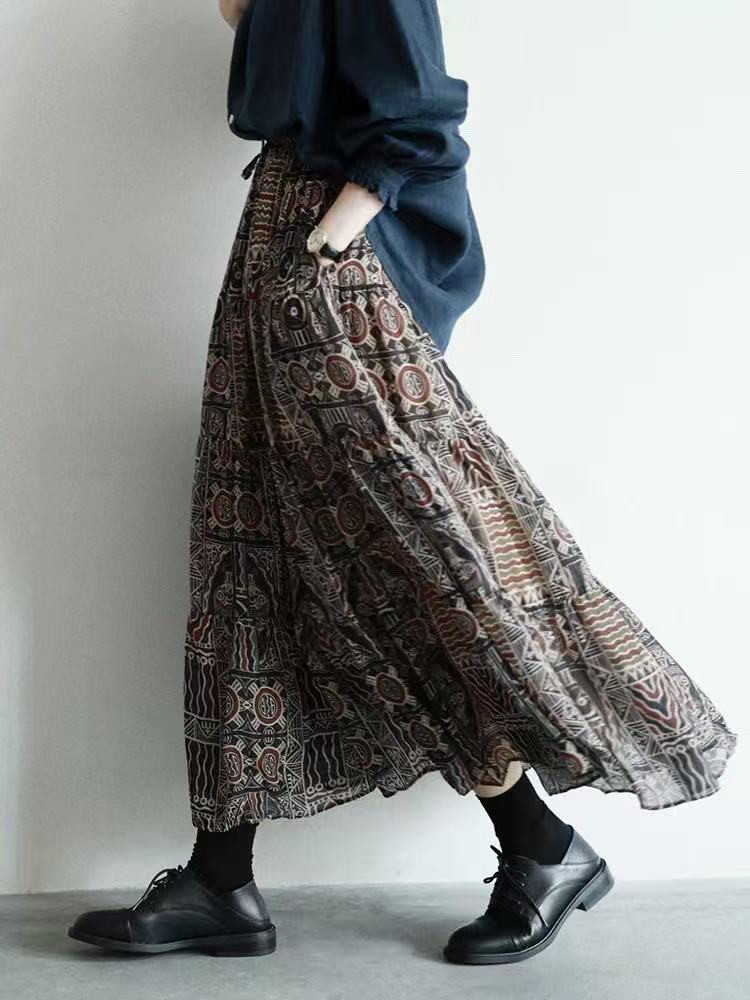 プリント柄　ロングスカート　Aライン　レトロ　ハイウエストスカート