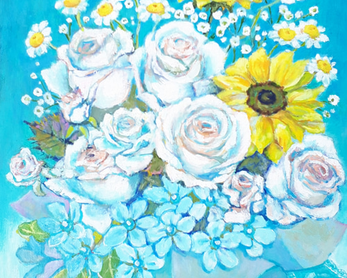 【一点物】『　水色のブーケ　』油絵 F3号　油彩　油画　絵画　インテリアアート 一点物】『 水色のブーケ 』油絵 F3号 油彩 油画 絵画