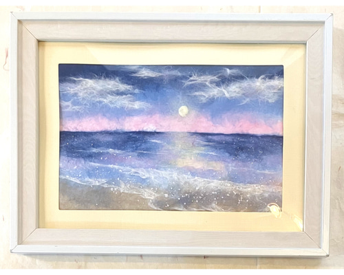 原画マット紙付額付】和紙ちぎり絵「満月に照らされる海」星空のアート
