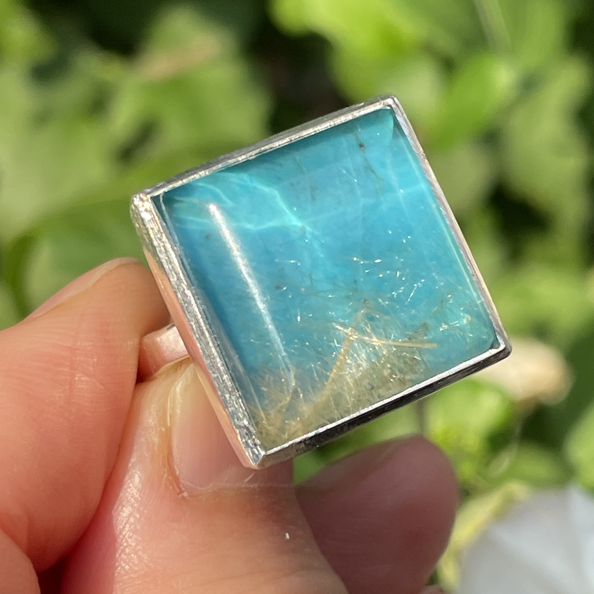 ルチルクォーツ　×　ターコイズ　ダブレット石　SQカボション　シルバーSV925リング