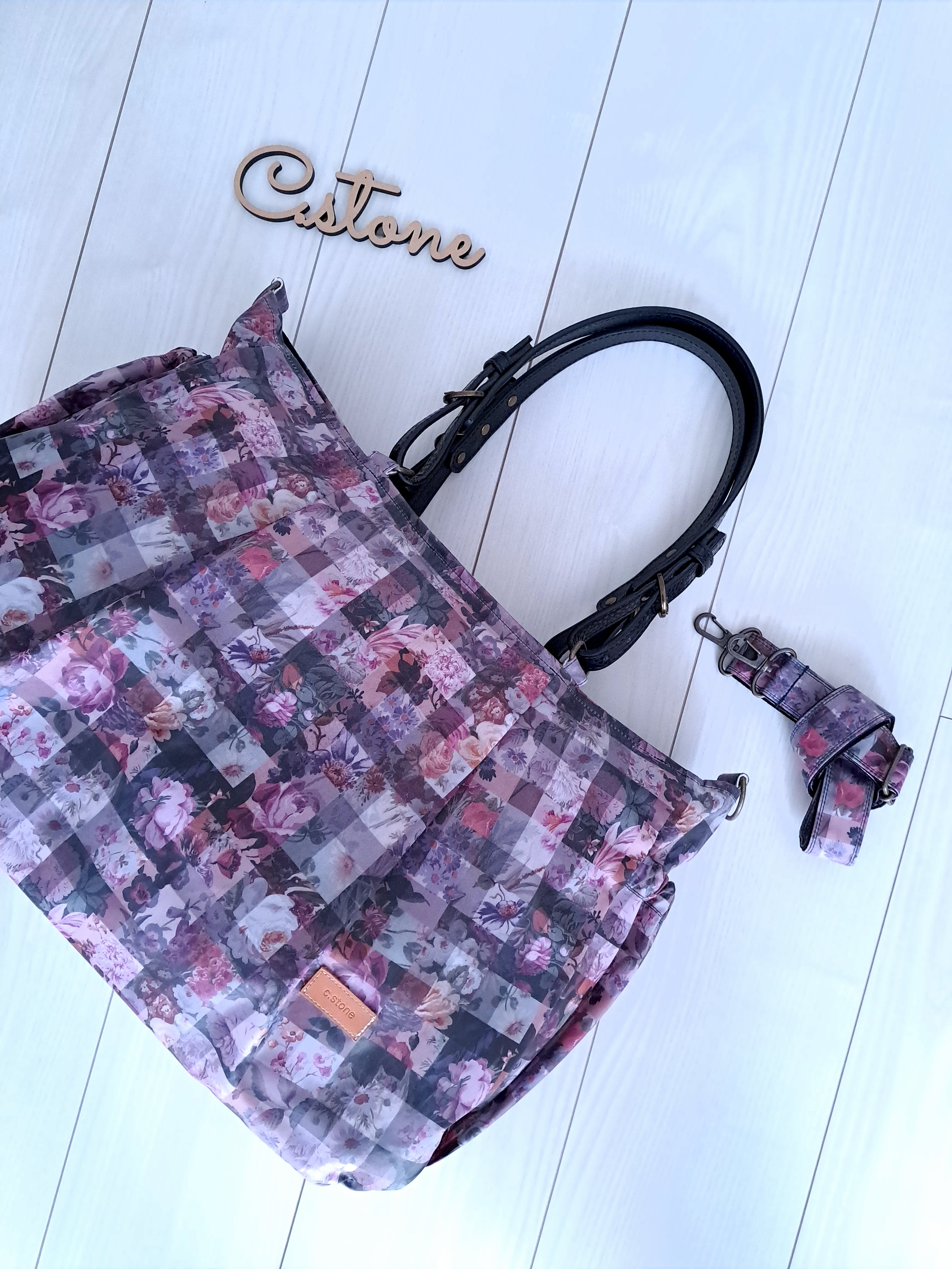 タック入りマザーズバッグ　アーカイブギンガム　パープル　共布ショルダー紐別売り