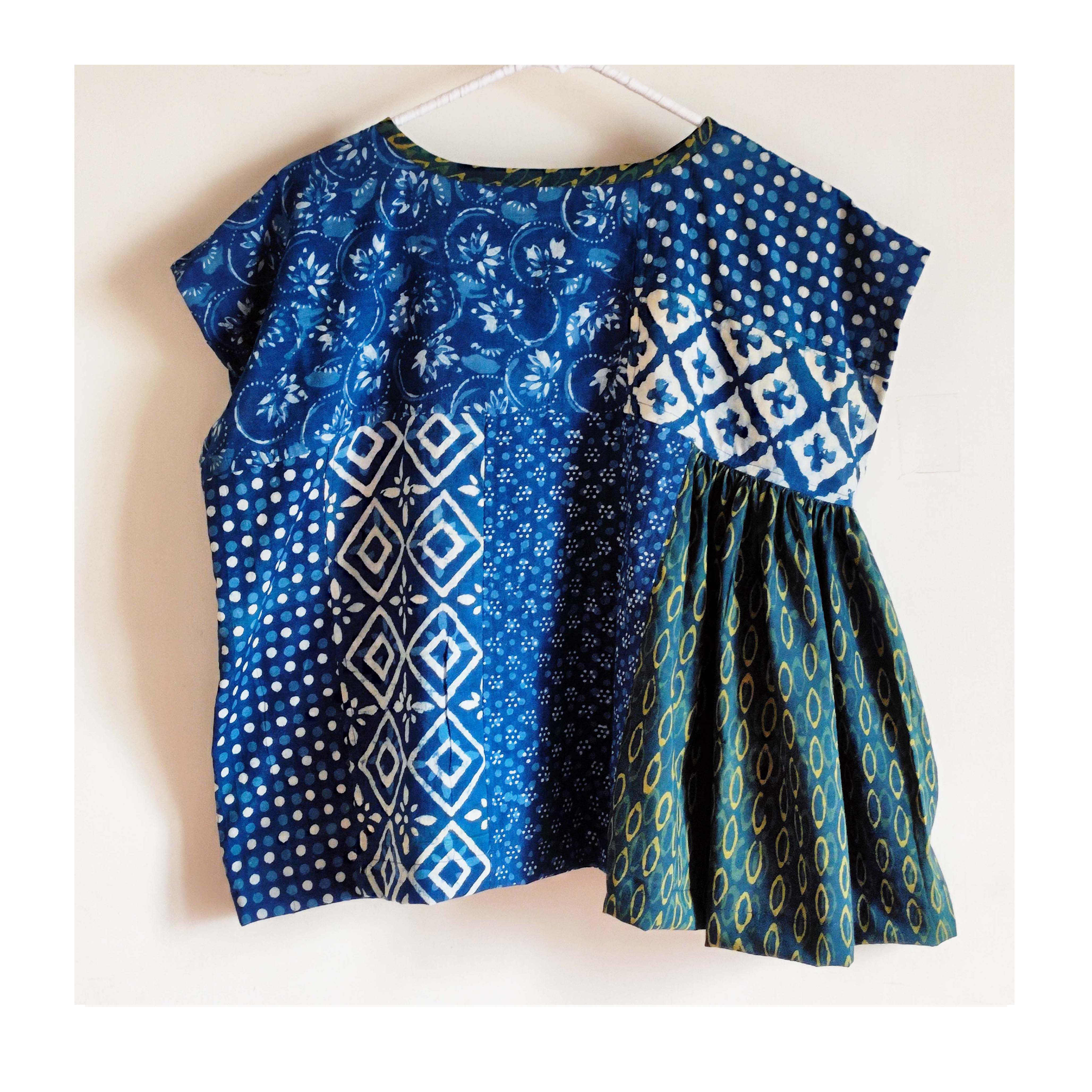 1点もの　2wayパッチワークアシンメトリートップD　XS～Lフリーサイズ　ハンドブロックプリント　　ナチュラルダイ