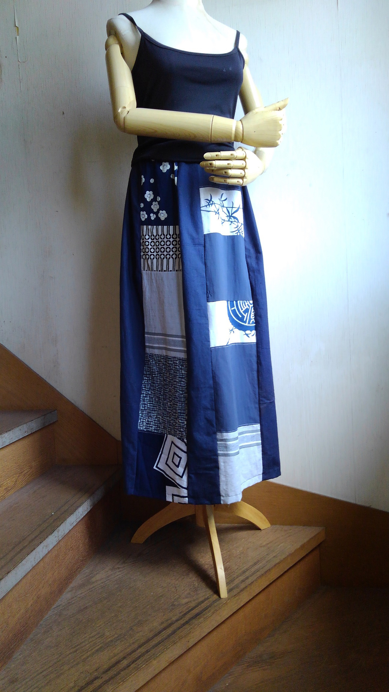 ロング丈パッチワークスカート★ブロック＆ストライプ★浴衣リメイク★フリーサイズ