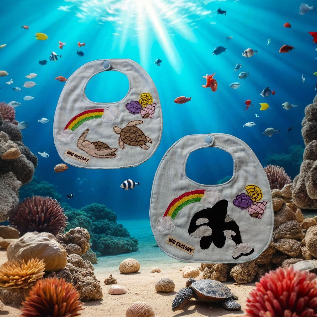 シャチとうみがめのアップリケ ベビースタイ〈2枚セット〉｜海の物語を描いた手仕事スタイ｜出産祝い・記念ギフトに