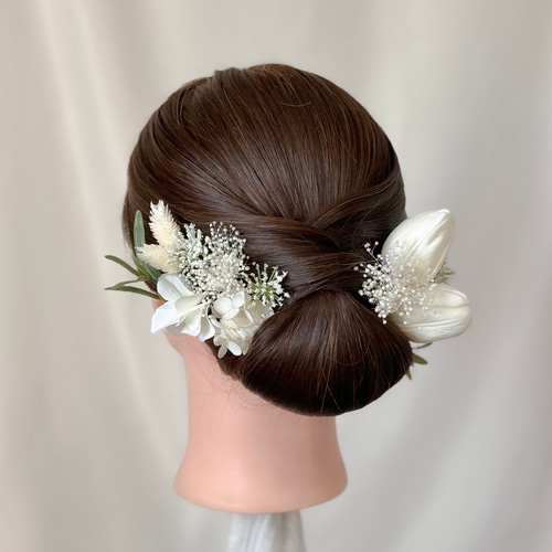 髪飾り ホワイト グリーン チューリップ かすみ草 水引 金箔 結婚式 前