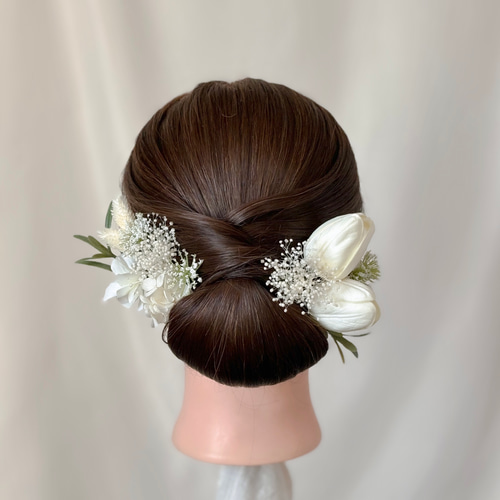 髪飾り ホワイト グリーン チューリップ かすみ草 水引 金箔 結婚式 前