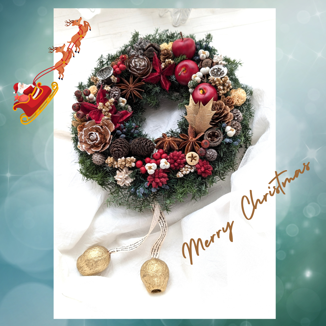 すぐに飾れる！木の実いっぱい！りんごとベルがナチュラルなクリスマスリース　秋冬インテリア