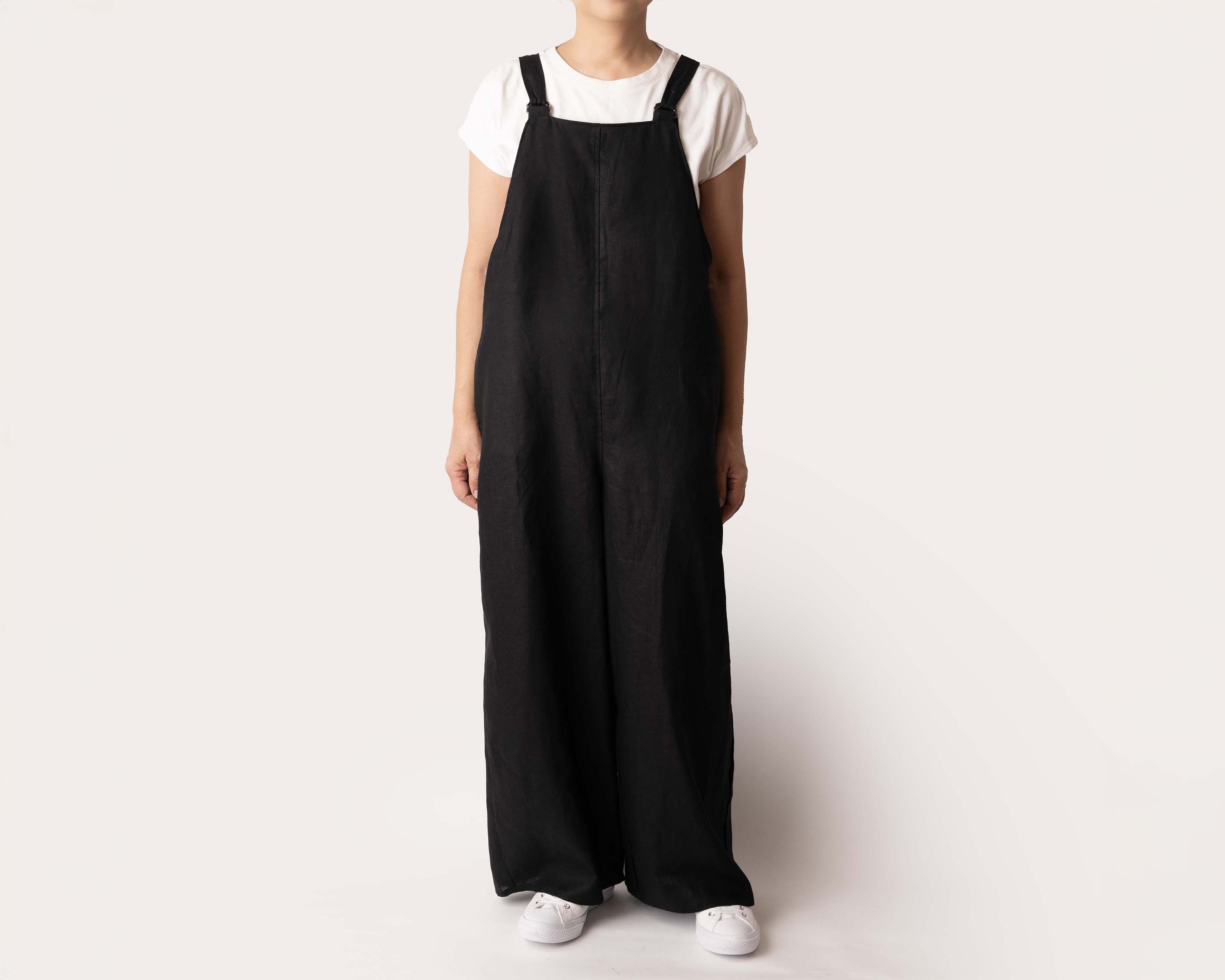 リネン　ゆったり着れる【大人のサロペットパンツ】肩ひも着脱可　春夏秋　ブラック