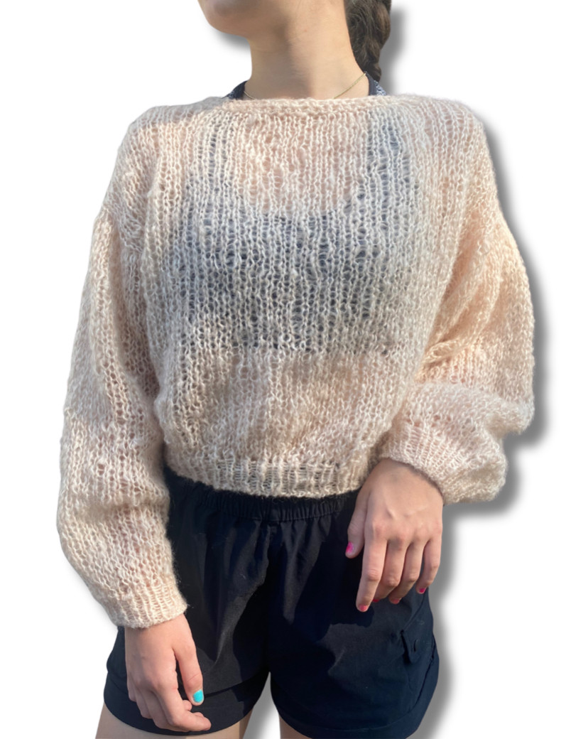 一点もの　手編み　ピンクベージュモヘアニット