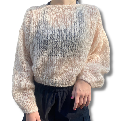 一点もの 手編み ピンクベージュモヘアニット ニット・セーター