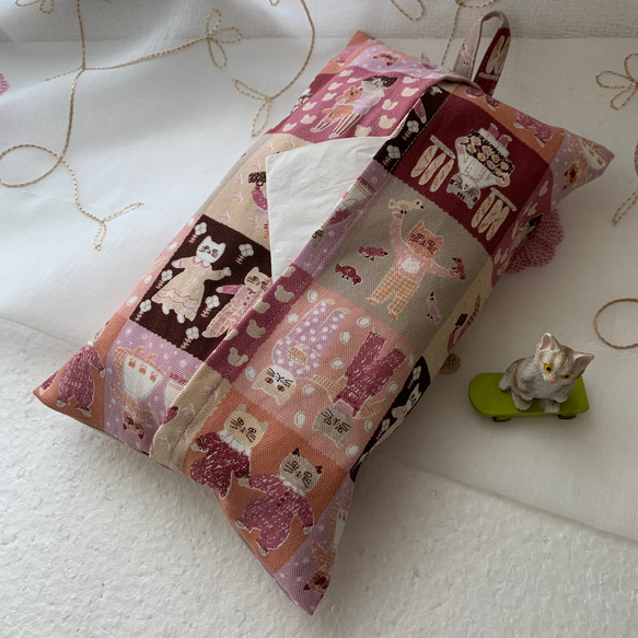 エコティッシュカバー☆マスクストッカー♪カントリー猫☆パッチワーク♪5カラー 1枚目の画像