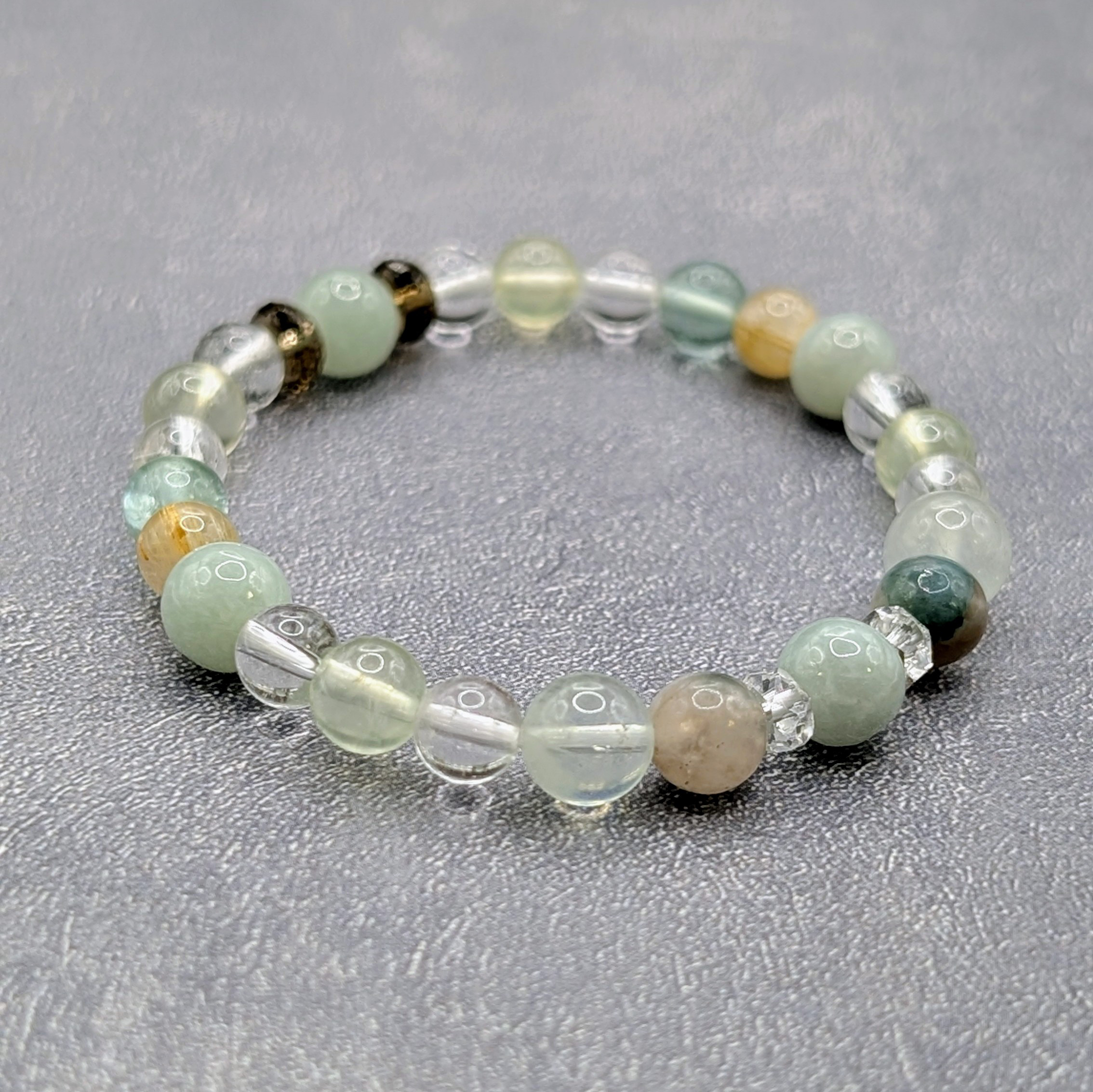 【希望の葉】翡翠、プレナイト、フローライト、ヒマラヤ水晶のパワー*ストーンブレスレット天然石