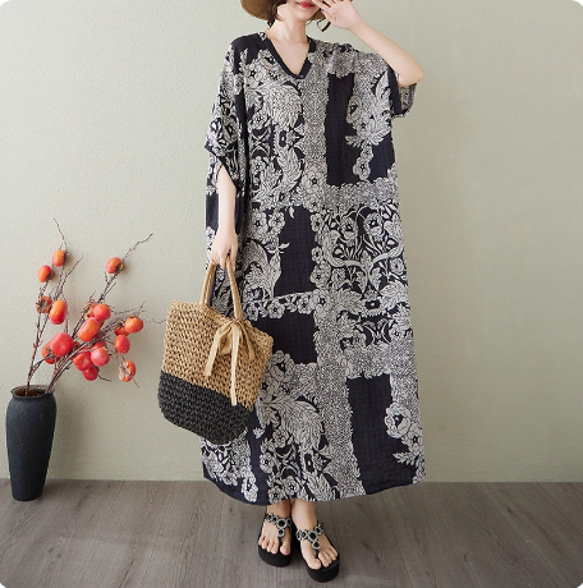 着物リメイク Vネックのドルマンスリーブワンピース 着物リメイク V