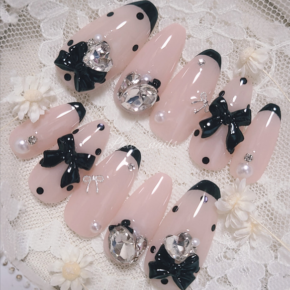 14)現品♡リボン黒ドットネイル ネイルチップ（つけ爪） twii*＊lau