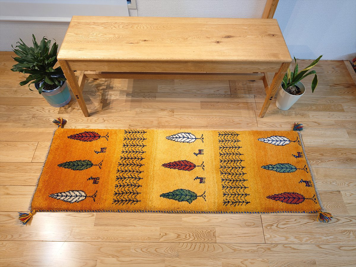 ペルシャ　ギャッベ ランナー中　ラグ　145x50㎝　黄金色　糸杉　RJ12657