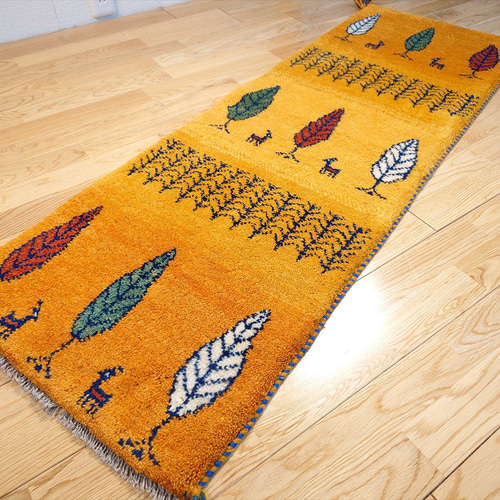 ペルシャ ギャッベ ランナー中 ラグ 145x50㎝ 黄金色 糸杉 RJ12657
