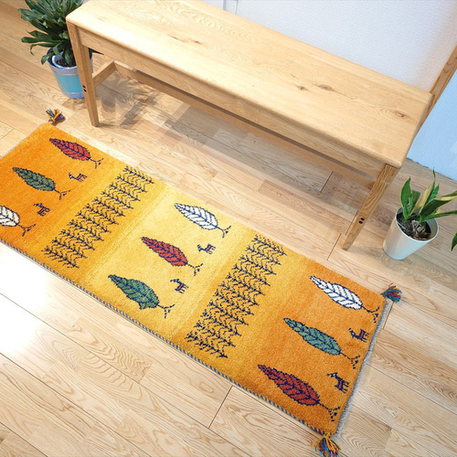 ペルシャ ギャッベ ランナー中 ラグ 145x50㎝ 黄金色 糸杉 RJ12657