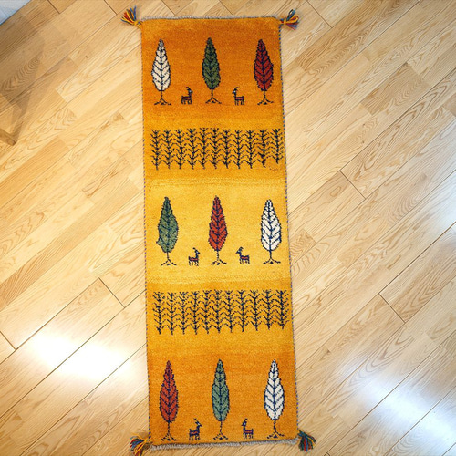 ペルシャ ギャッベ ランナー中 ラグ 145x50㎝ 黄金色 糸杉 RJ12657