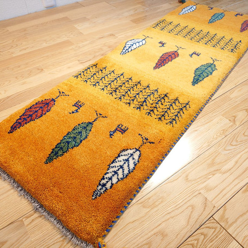 ペルシャ ギャッベ ランナー中 ラグ 145x50㎝ 黄金色 糸杉 RJ12657