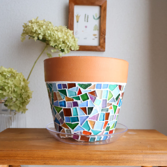 植木鉢カバー　珍品　カラフル　花鳥図 オーダー 受注 5号鉢 ステンドグラス ガラス タイル 植木鉢 フラワー