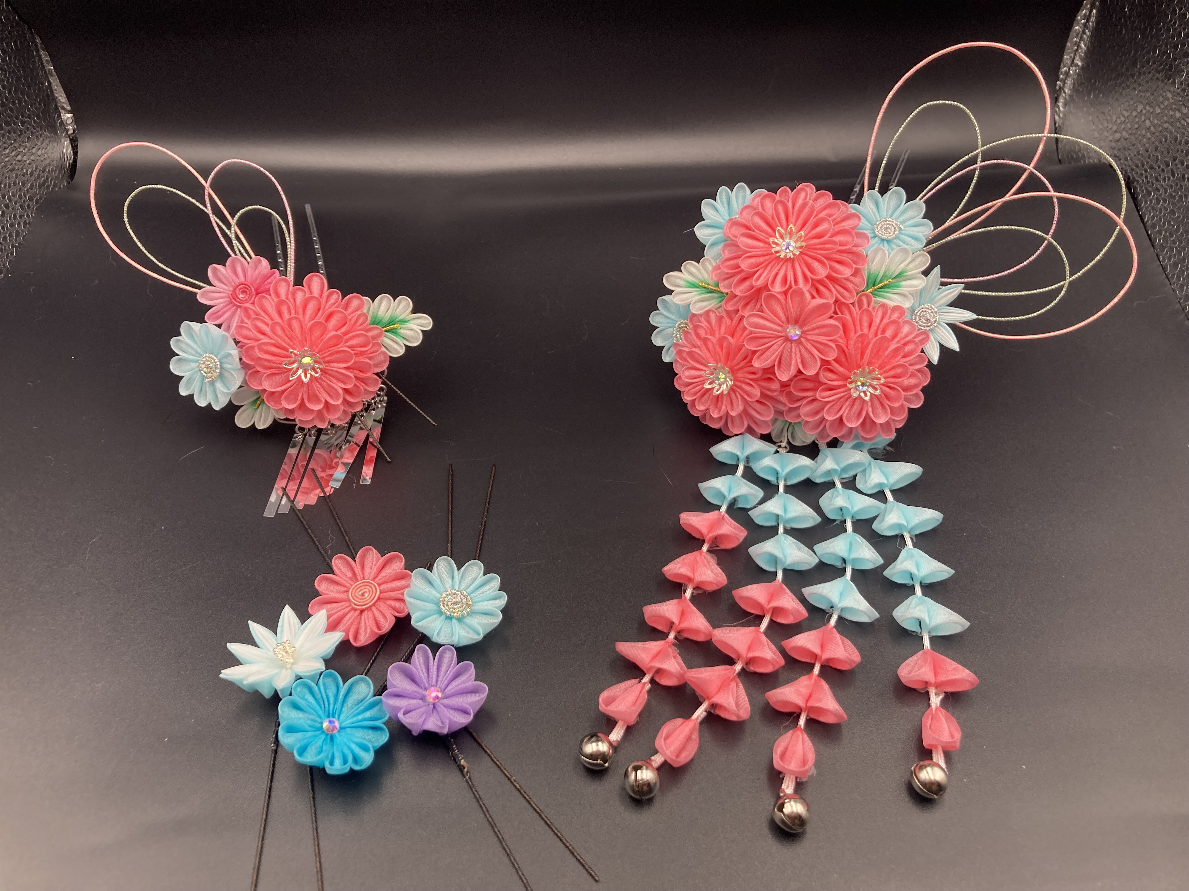 つまみ細工　正絹　髪飾り10点せット　（9）成人式髪飾り　七五三髪飾り　ヘアアクセサリー　和装髪飾り　和小物