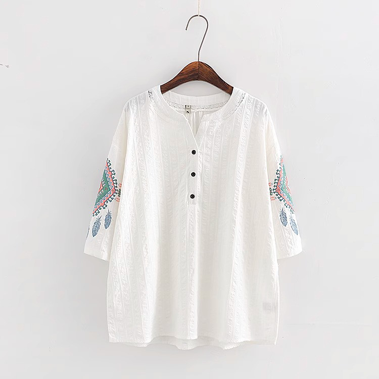 レディース七分袖綿プリントプルオーバートップス