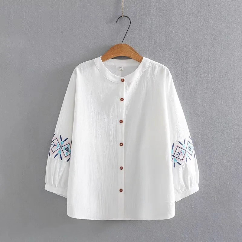 レディース七分袖綿麻刺繍開襟シャツ