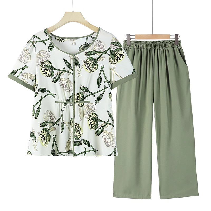 レディースセットアップ 半袖シフォンプルオーバーTシャツ＆ワイドパンツ2点セット