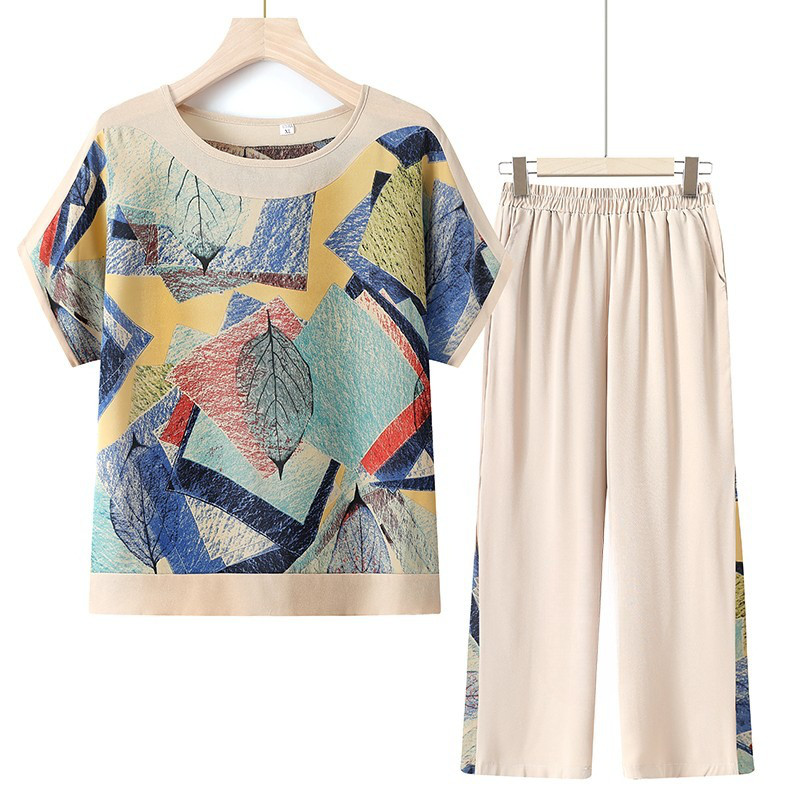 レディースセットアップ 半袖シフォンプルオーバートップス＆ワイドパンツ2点セット