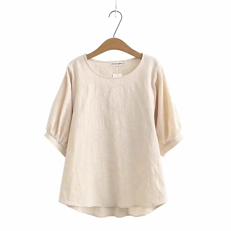 レディース五分袖綿ジャカードプルオーバートップス