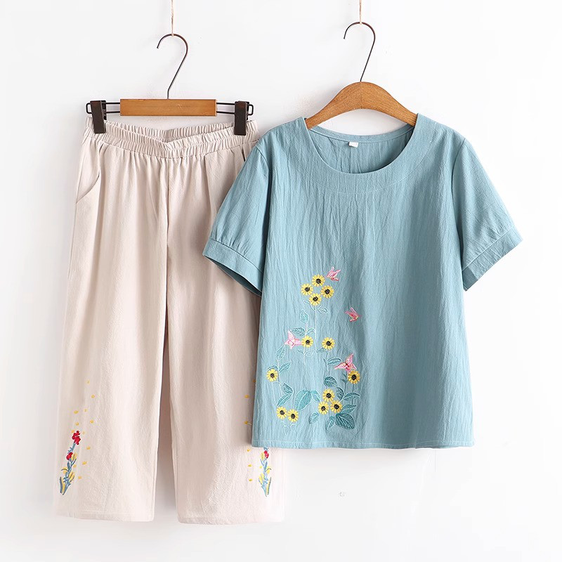 レディースセットアップ 半袖綿刺繍クルーネックTシャツ