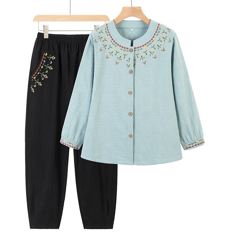 レディースセットアップ 長袖綿刺繍カーディガン＆パンツ2点セット