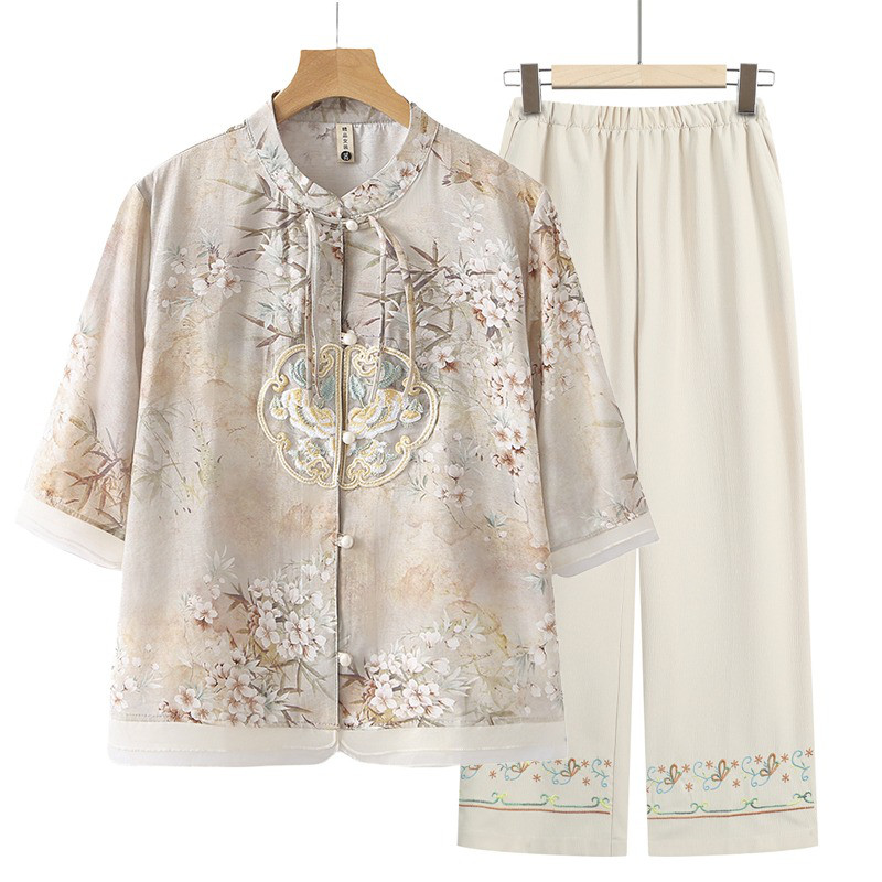 レディースセットアップ 七分袖綿刺繍カーディガントップス