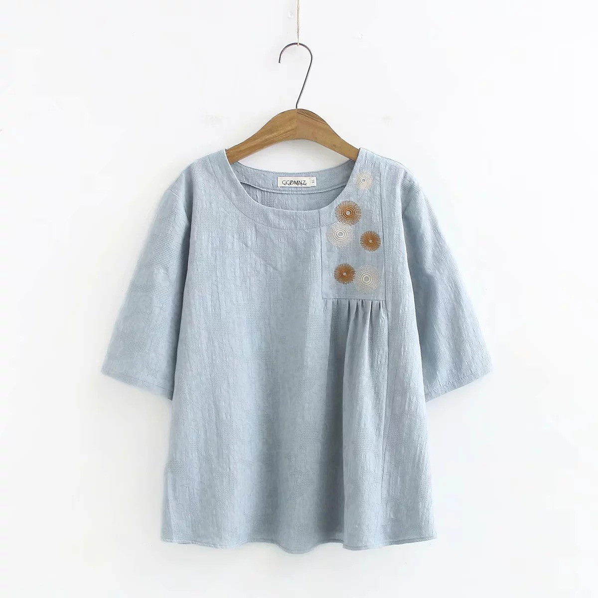 レディース五分袖綿ジャカード刺繍プルオーバートップス