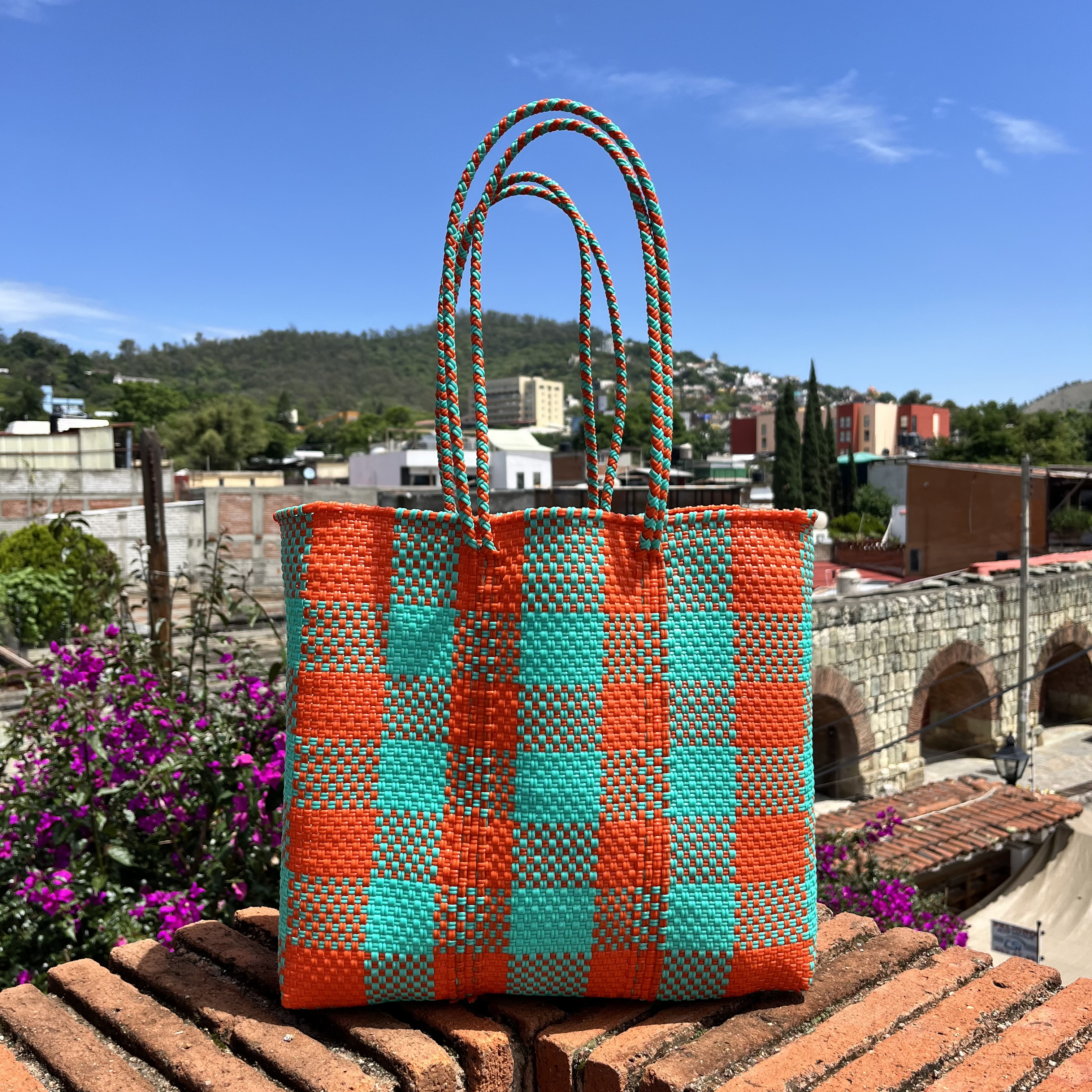 メルカドバック・かごバックM（ロングハンドル）　チェック(オレンジ✖️青)