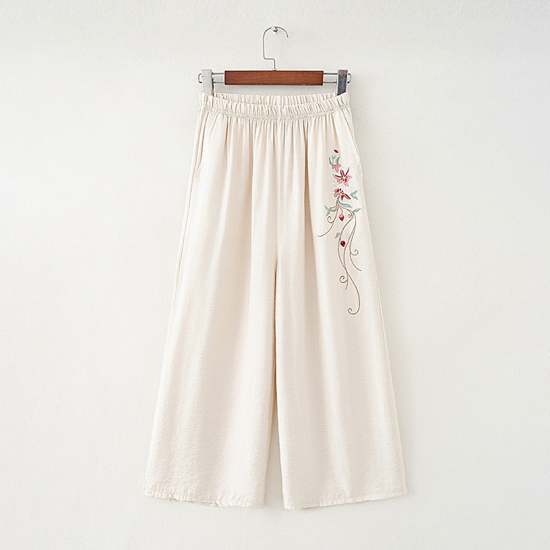 レディース八分丈ラミー刺繍ウエストゴムストレートワイドパンツ