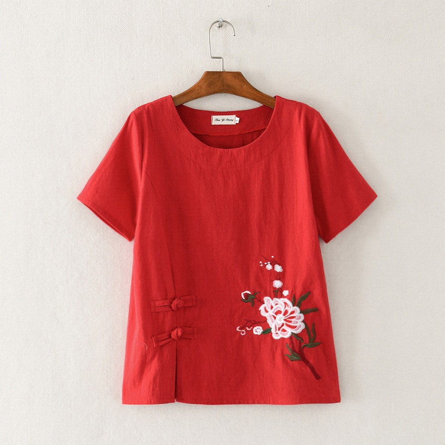 レディース半袖綿麻刺繍サイドスリットプルオーバートップス