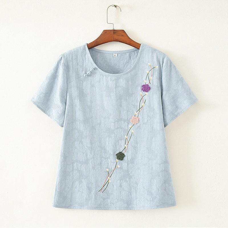 レディース半袖綿麻ジャカードプルオーバートップス