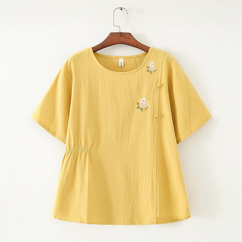 レディース半袖綿麻クルーネック薄手インナートップス