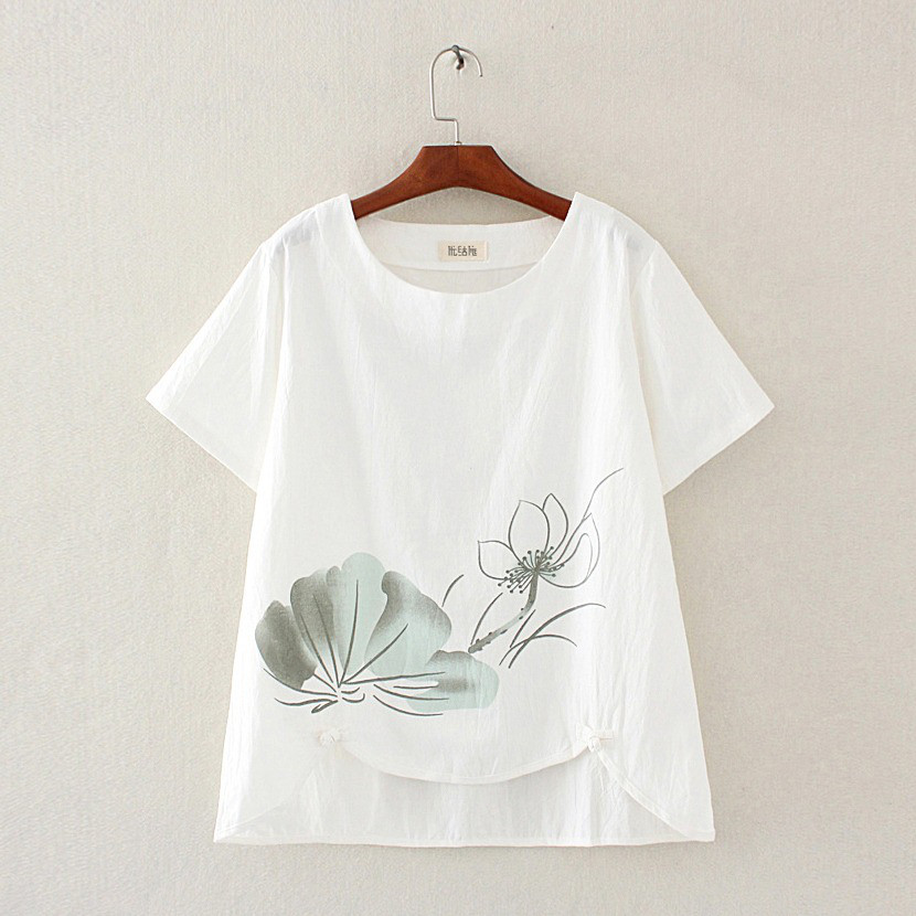 レディース半袖綿麻水墨プリント前後アシンメトリーインナートップス