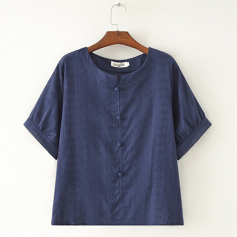 レディース半袖綿麻ジャカードVネックフロントボタンインナートップス