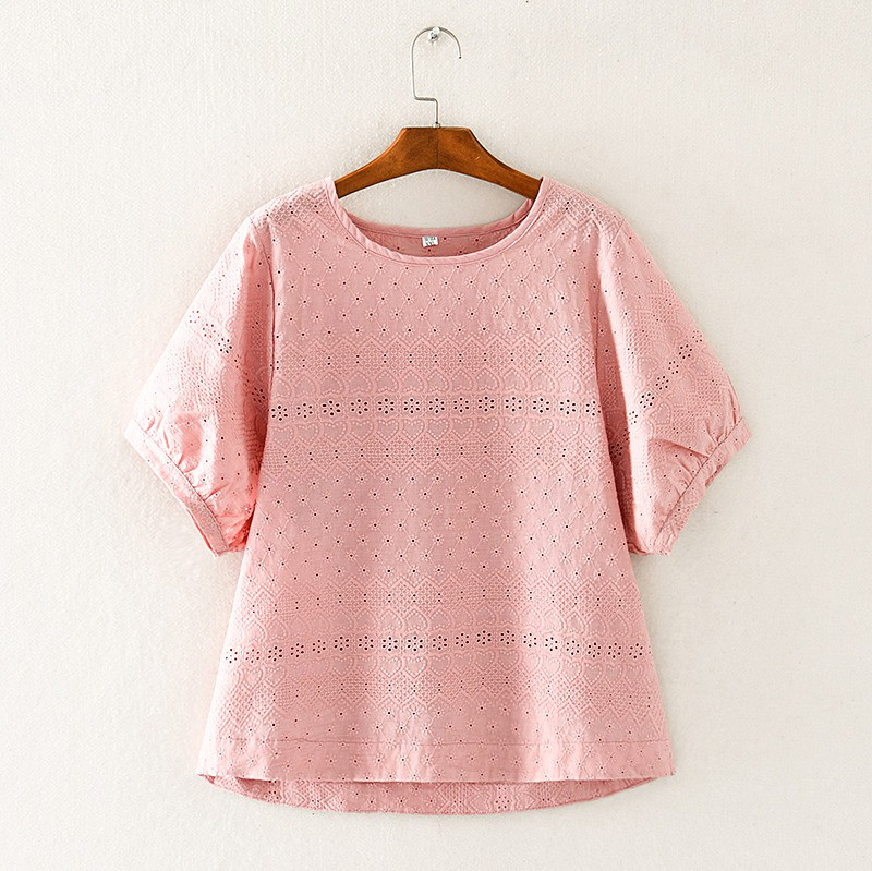 レディース半袖綿麻レース無地プルオーバートップス