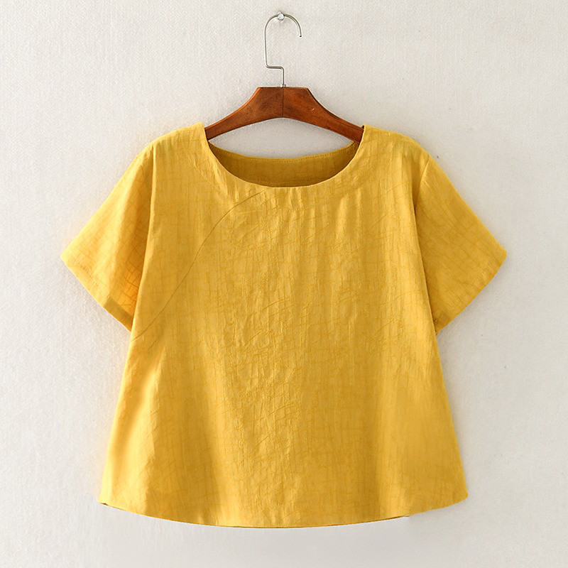 レディース半袖綿麻ジャカード無地インナートップス