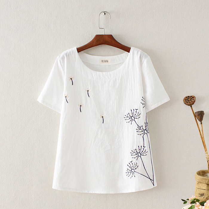 レディース半袖綿麻ゆったりトップス