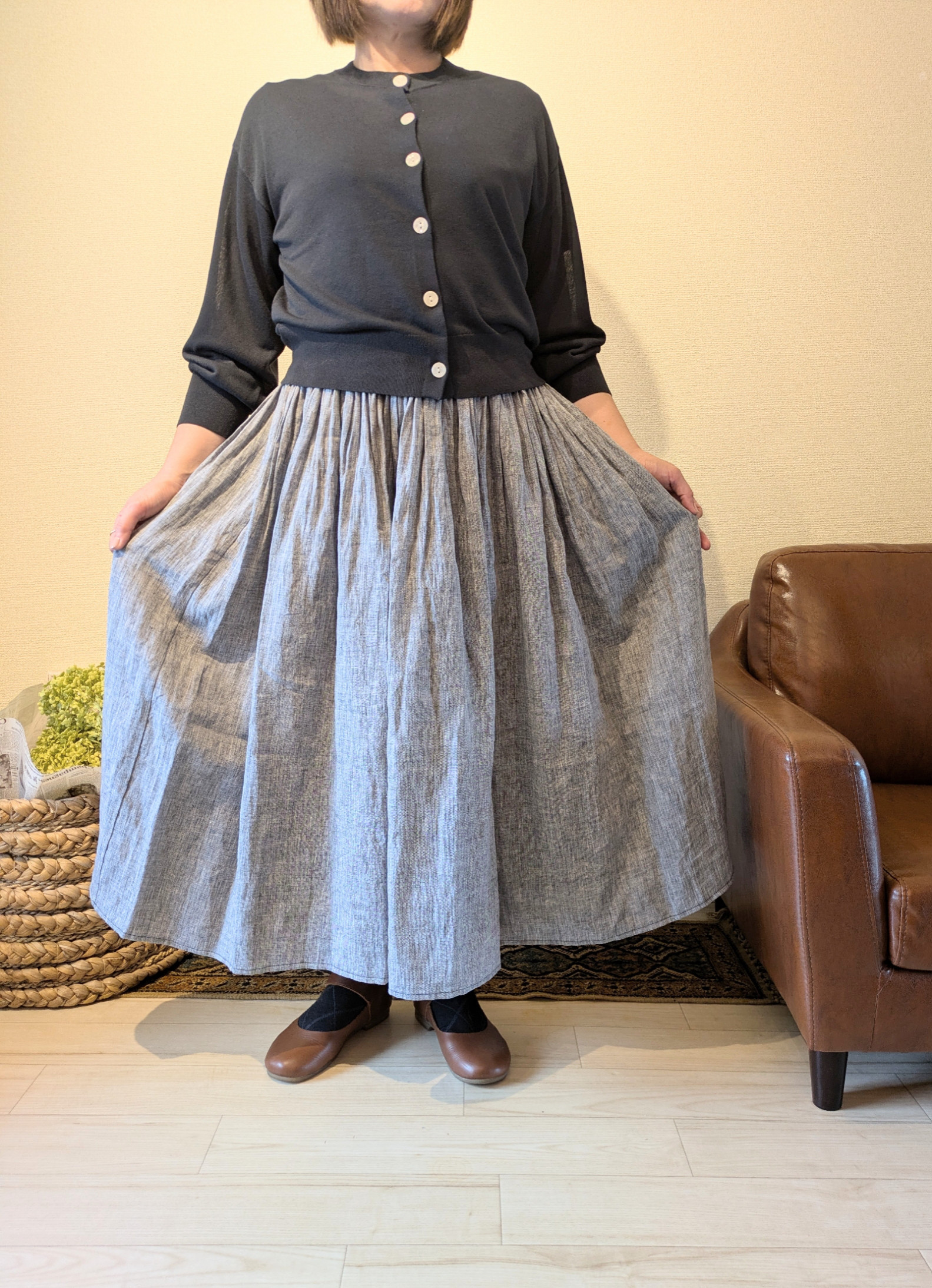 リネンシャンブレーのギャザースカート