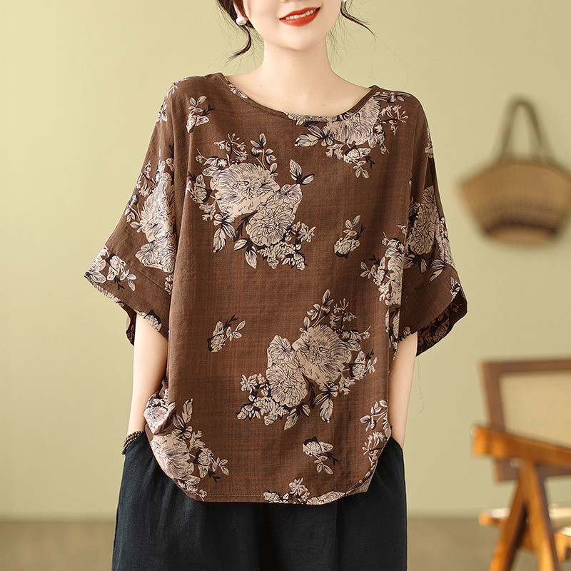 レディース 半袖 ラウンドネック 花柄 ゆったりトップス