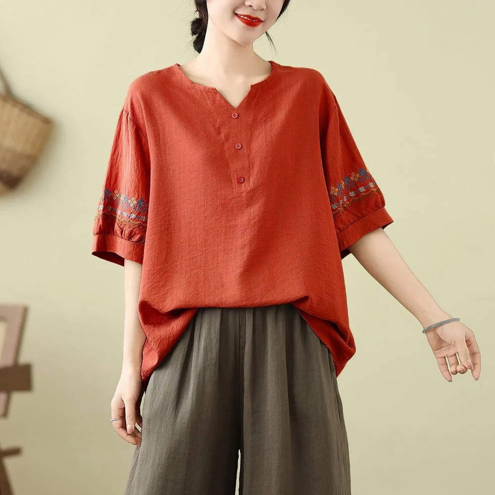 レディース 半袖 接触冷感 刺繍 Vネック ゆったりトップス