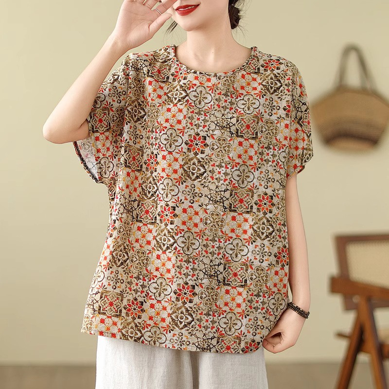 レディース 半袖 花柄 ラウンドネック ゆったりトップス