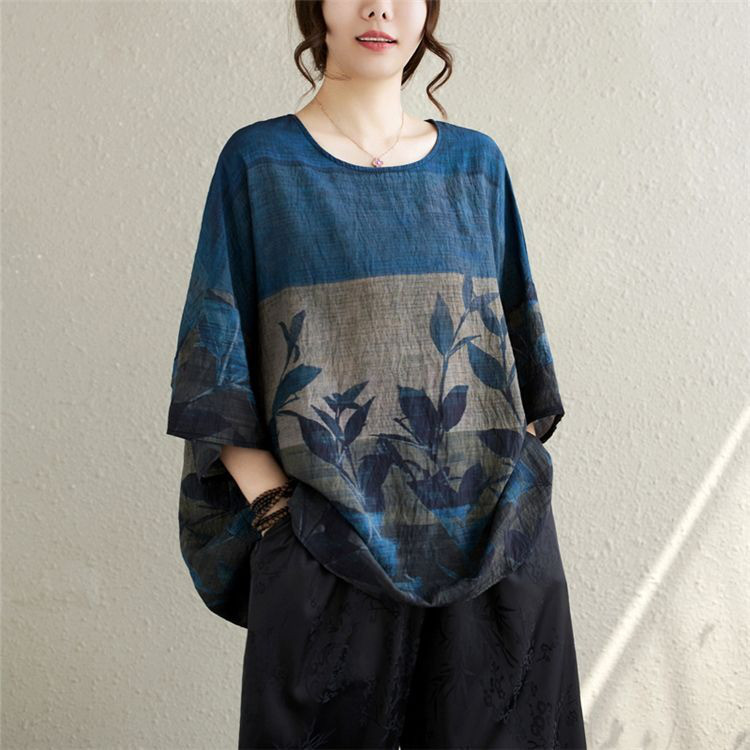 レディース 半袖 花柄 ラウンドネック ゆったりトップス