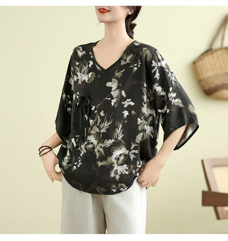 レディース 半袖 シフォン 墨絵風プリント Vネック ゆったりトップス
